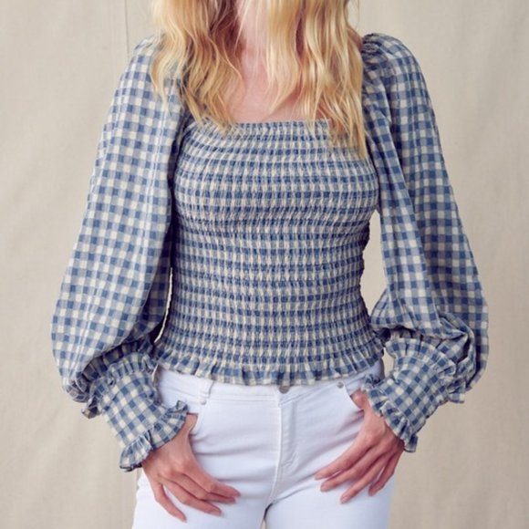 &merci Gingham Square Neck Smocked Balloon Sleeve Top - Picture 1 of 5